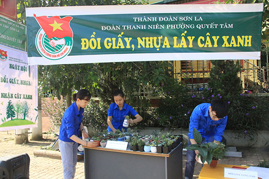Đoàn phường Quyết Tâm tổ chức chương trình đổi giấy, nhựa lấy cây xanh