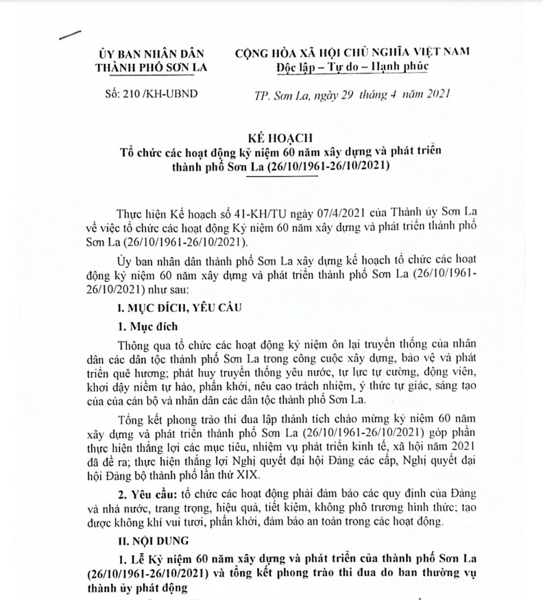 Thành phố ban hành Kế hoạch tổ chức các hoạt động kỷ niệm 60 năm xây dựng và phát triển thành phố Sơn La